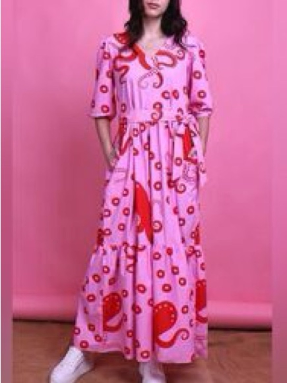 NEW Maude Vivante Molly Long Maxi Dress Pink Red Print Women's Large